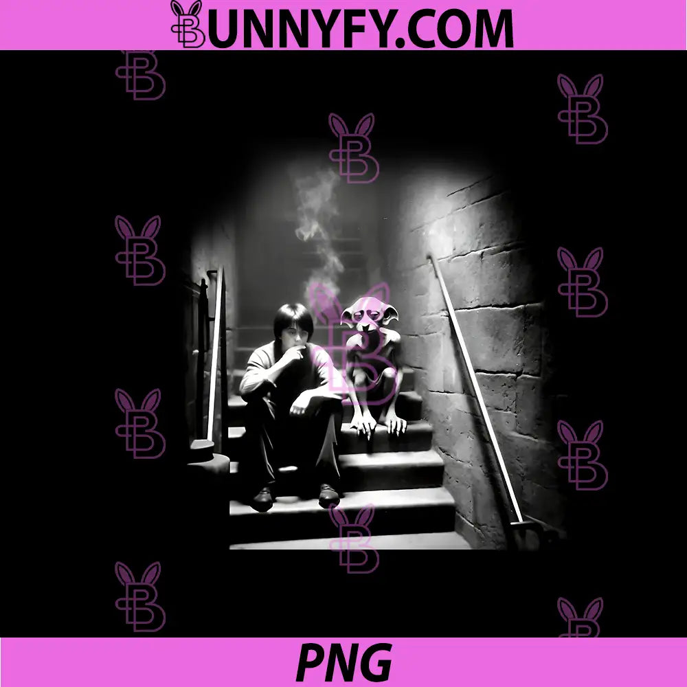 Dark Wizard And Small Elf Sitting On Stairs PNG, Moody Fantasy Scene Art PNG
