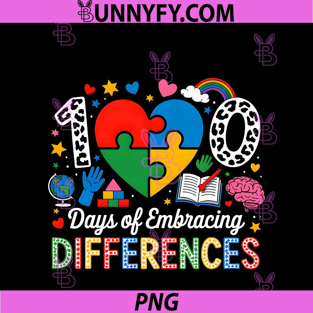 100 Days Of School PNG, Embracing Differences Autism Support Kids PNG