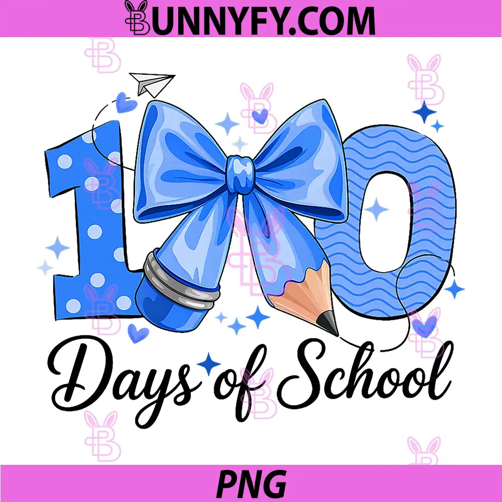 100 Days Of School Blue Bow PNG, Cute Pencil Coquette Design PNG