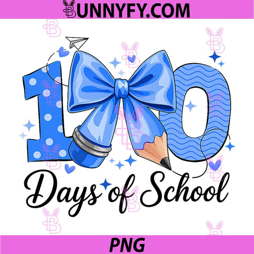 100 Days Of School Blue Bow PNG, Cute Pencil Coquette Design PNG