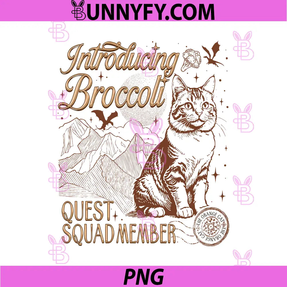 Broccoli Cat Quest Squad Design PNG, Fantasy Adventure Cat Art PNG
