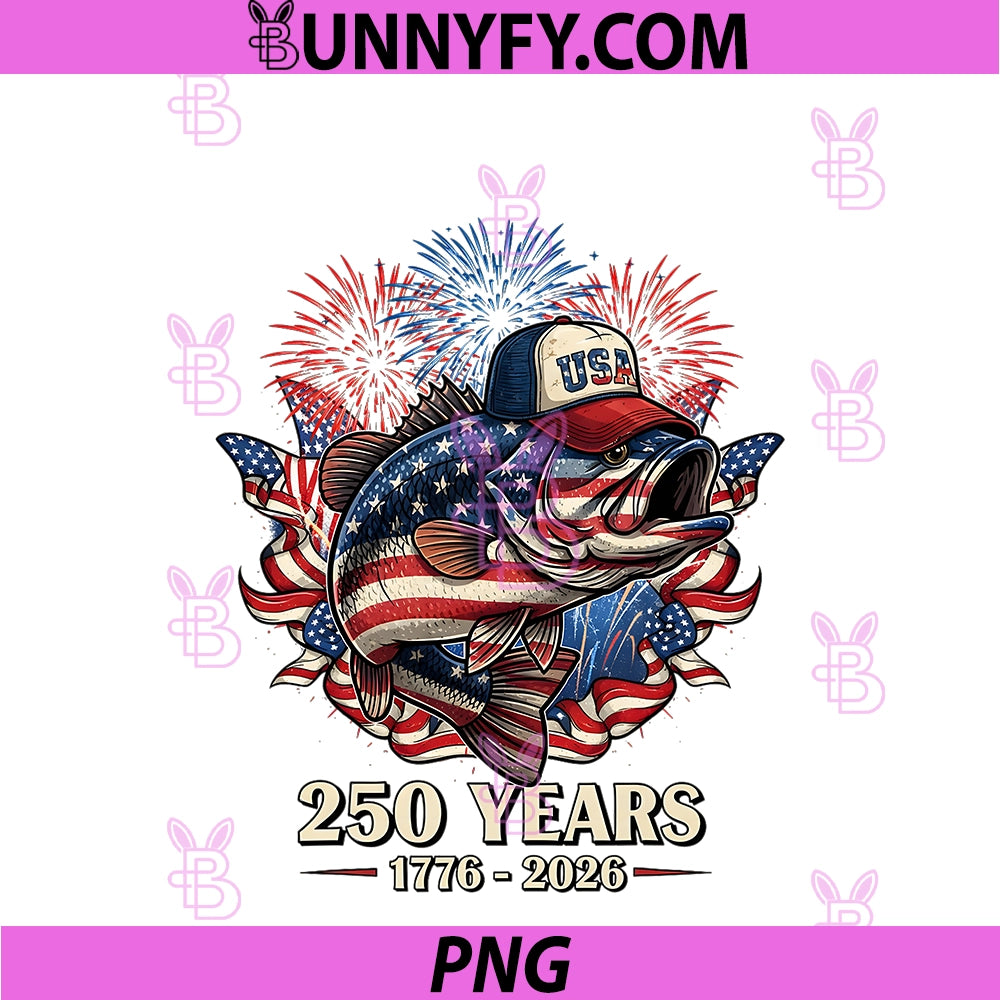 250 America 1776 2026 Bass Fishing USA Flag PNG, 250th Birthday PNG