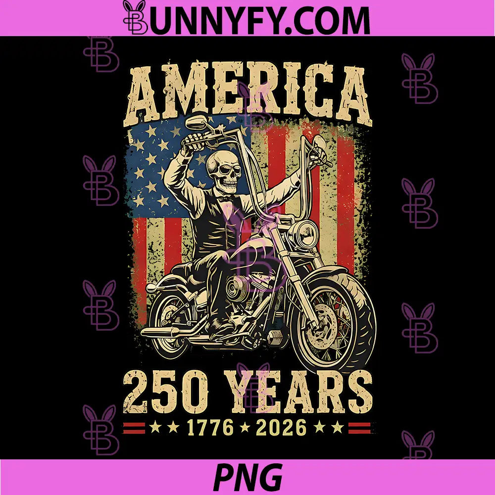 250 Anniversary USA Skeleton PNG, Motorcycle Flag 4th of July PNG