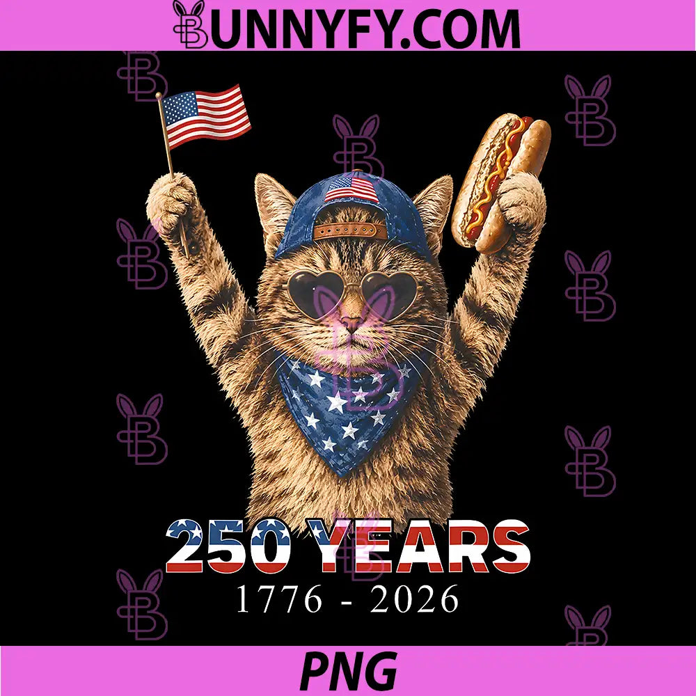 250 Years 1776 2026 Funny Hot Dog Cat PNG, Lover USA Flag 4th of July PNG