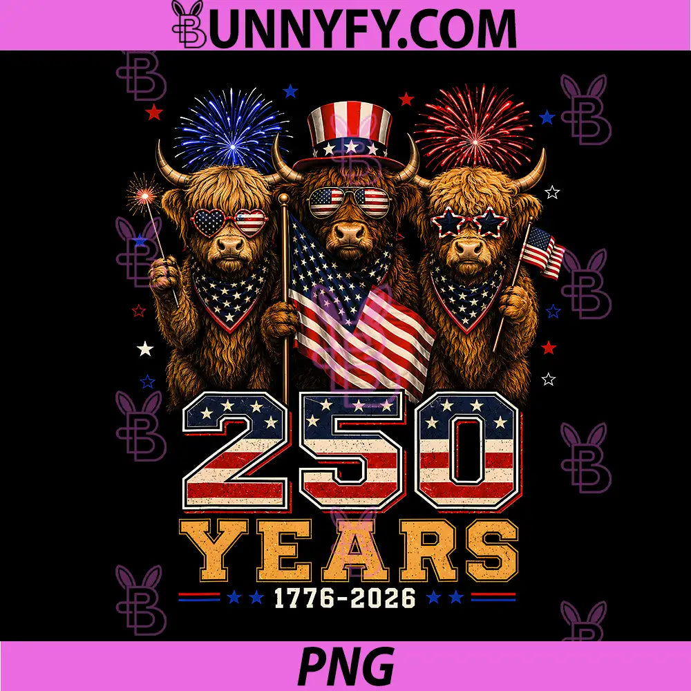250 Years 1776 2026 Patriotic PNG, Highland Cow Funny 4th of July PNG