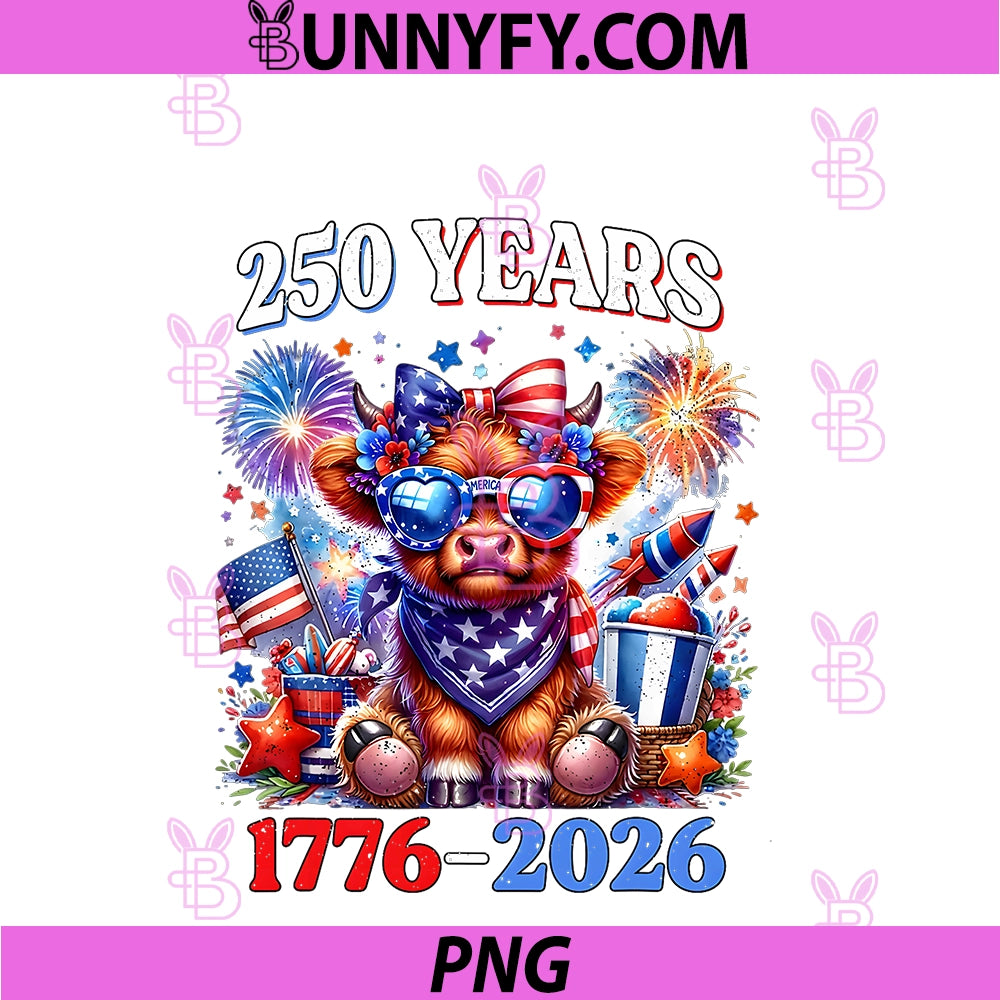 250 Years America Anniversary Highland Cow PNG, Firework USA Flag PNG