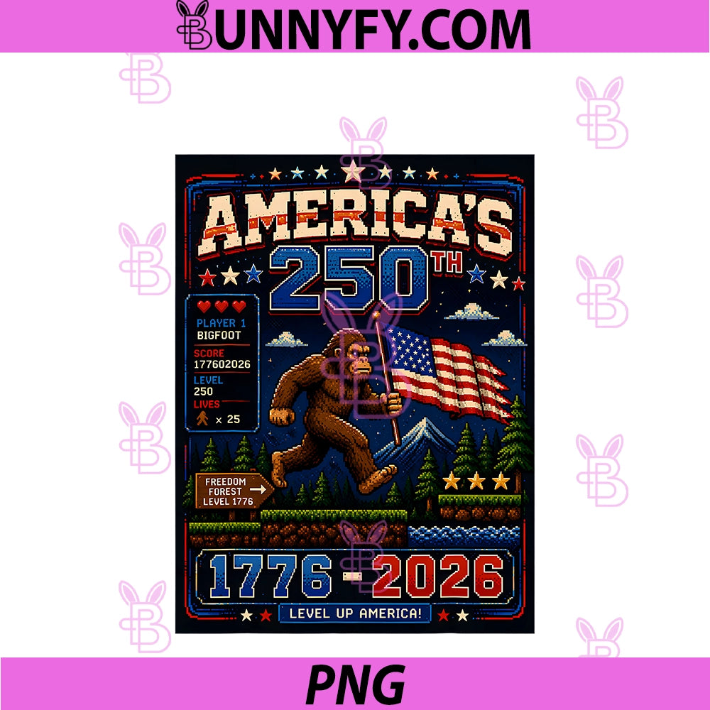 250 Years American 1776 2026 PNG, 4th July Bigfoot Retro Gaming PNG