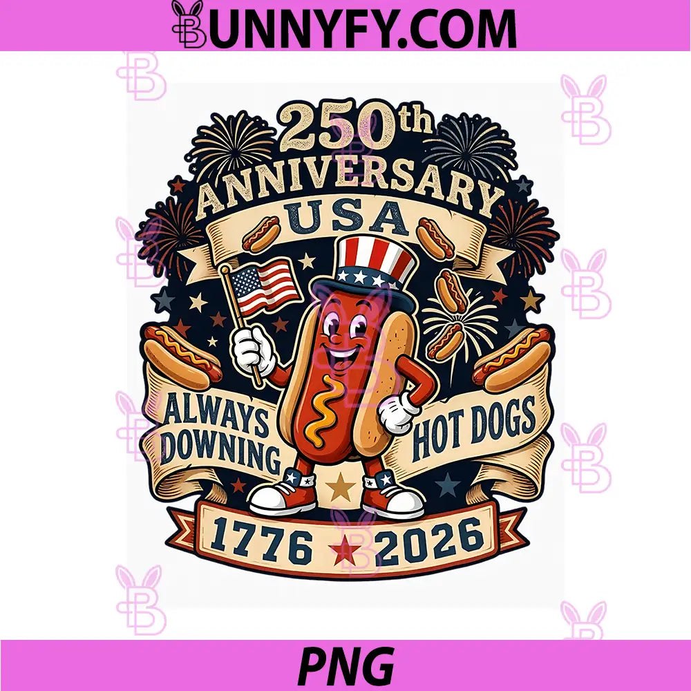 250th Anniversary USA Always Downing PNG, Hot Dogs 1776-2026 PNG