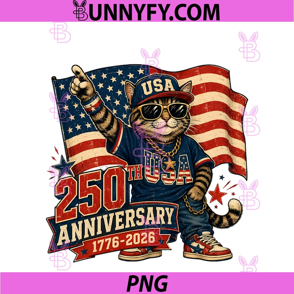 250th USA Anniversary PNG, 4th Of July Patriotic Cat AmericanFlag PNG