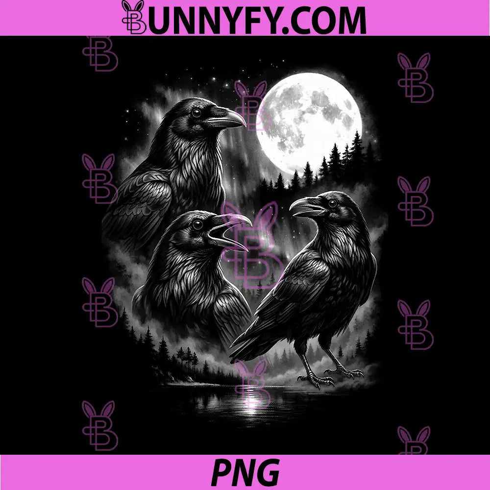 3 Black Bird Crow Howling Moon PNG, Vintage Funny 80s-90s Graphic PNG