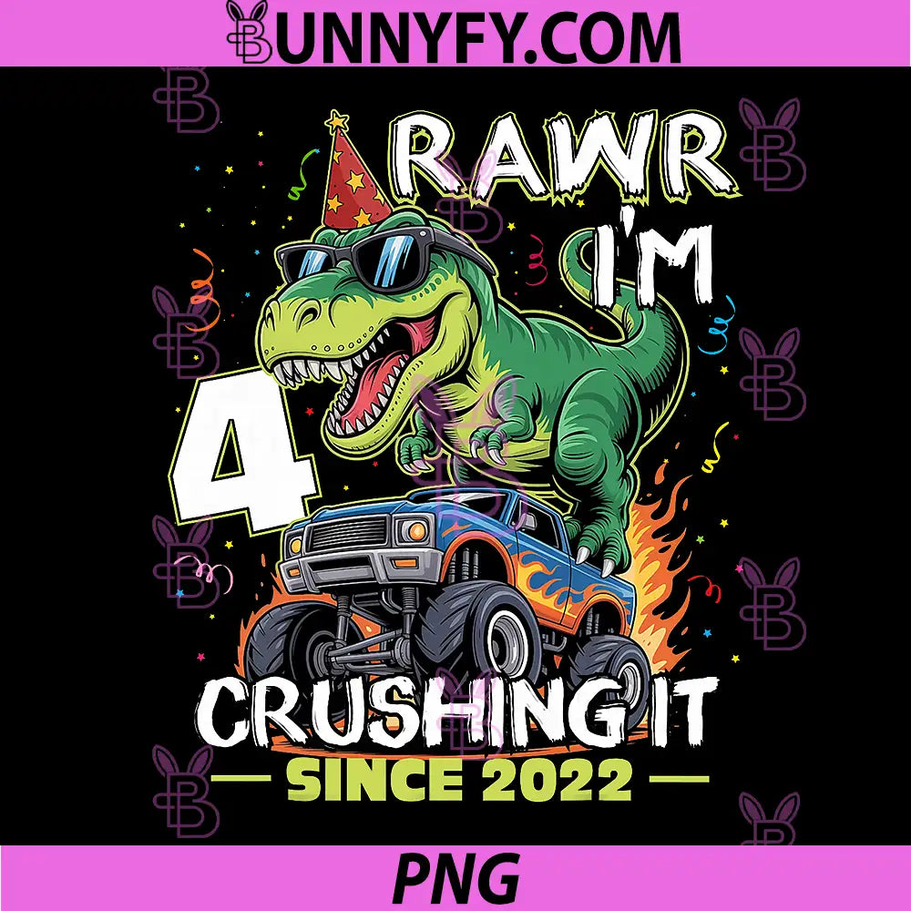 Dinosaur Monster Truck PNG, 4 Years Old Birthday Boy PNG