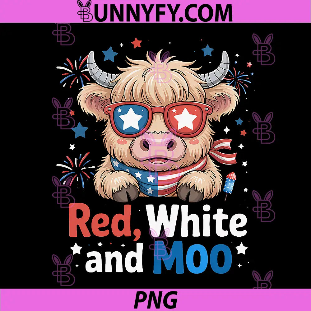 4th July 250 Years Patriotic PNG, Red White and Moo Highland Cow PNG