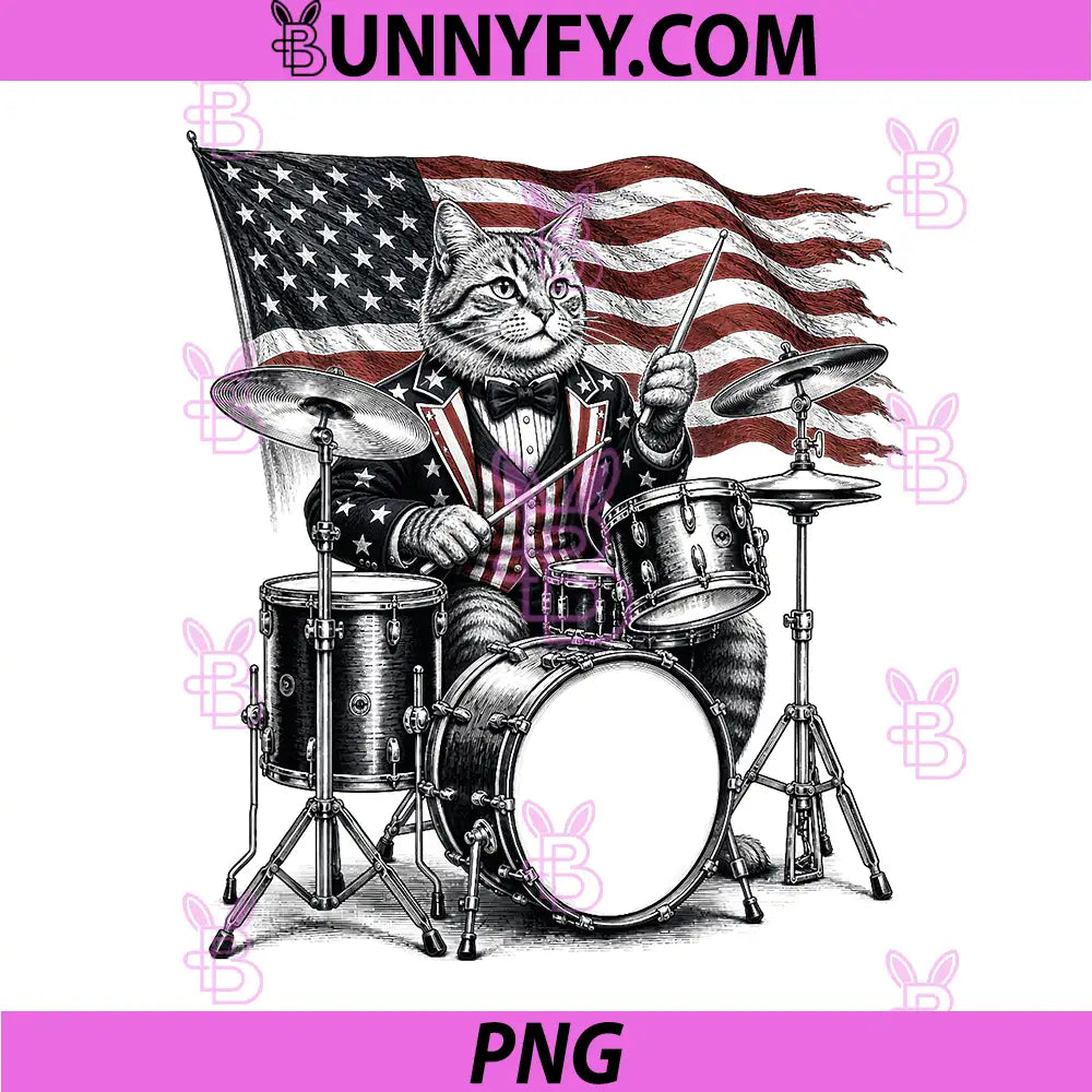 4th July Cat Playing Drum PNG, American Flag Patriotic Drummer PNG