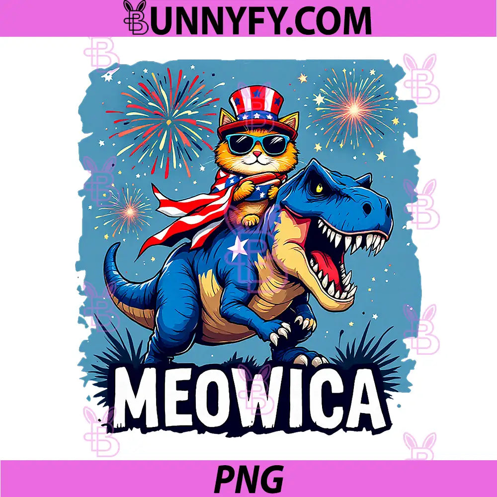 4th of July Meowica PNG, Cat Riding Dinosaur PNG, USA American Flag PNG