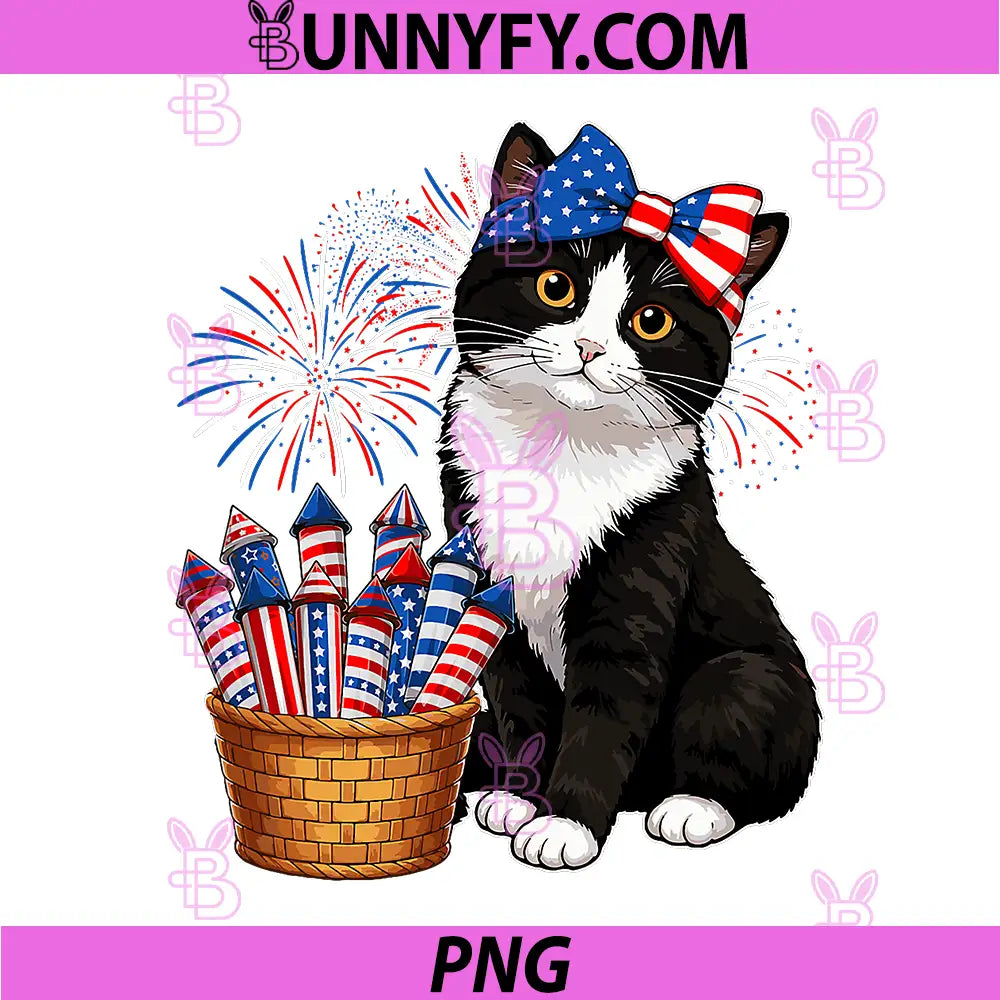 4th of July Tuxedo Black and White PNG, Cat Fireworks USA Flag PNG