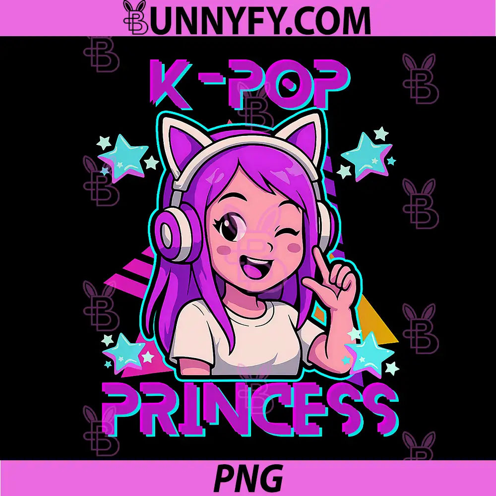 K-Pop Princess Cat Headphones Girl PNG, Cute Purple Hair Kpop PNG
