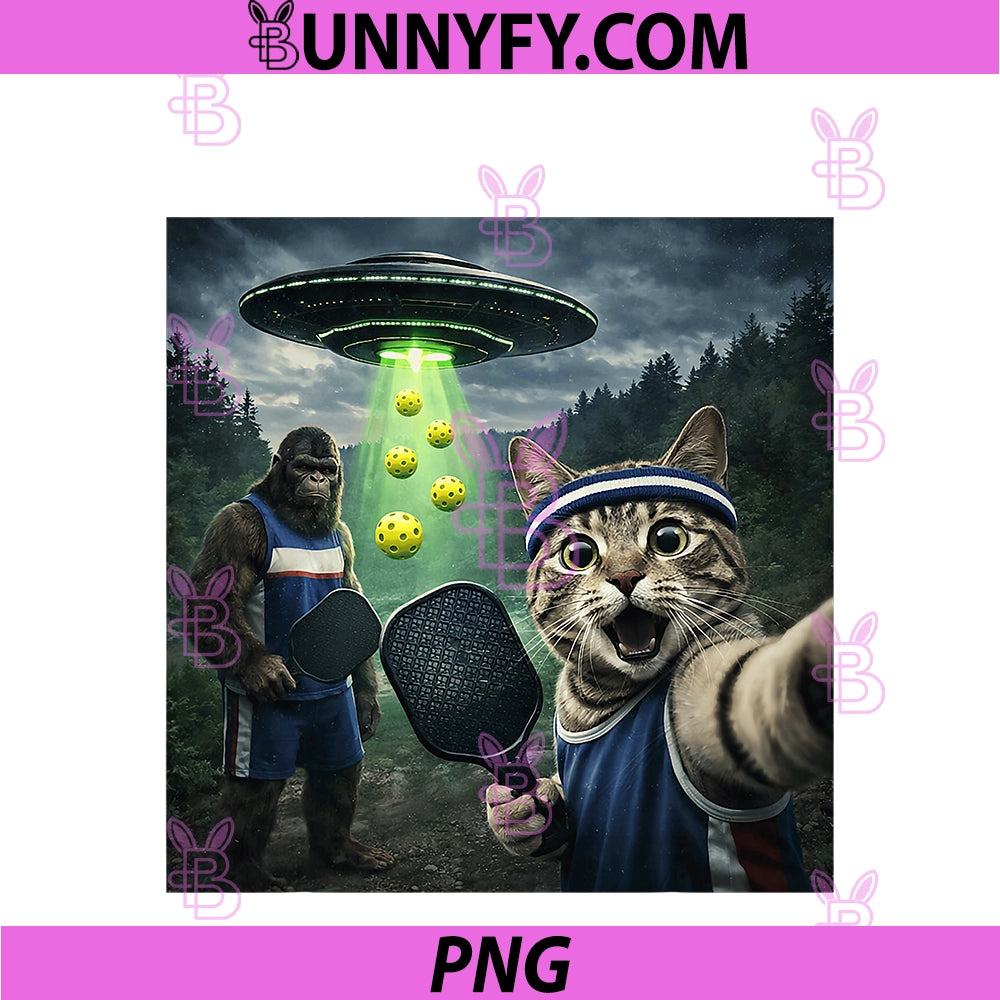 AI Pickleball Selfie Cat PNG, Bigfoot Hilarious Photo UFO Alien PNG