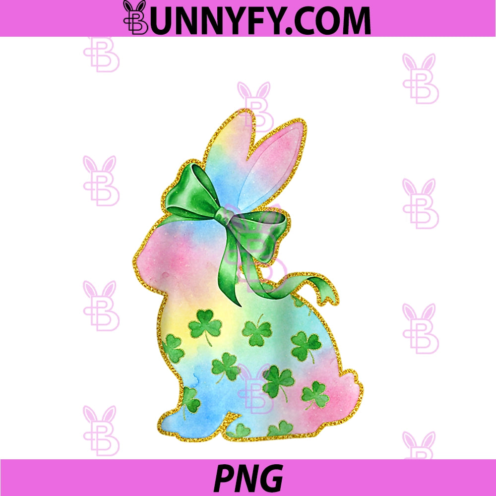 A Rainbow Rabbit With Green Bow And Shamrock PNG, St Patrick Day Raglan PNG