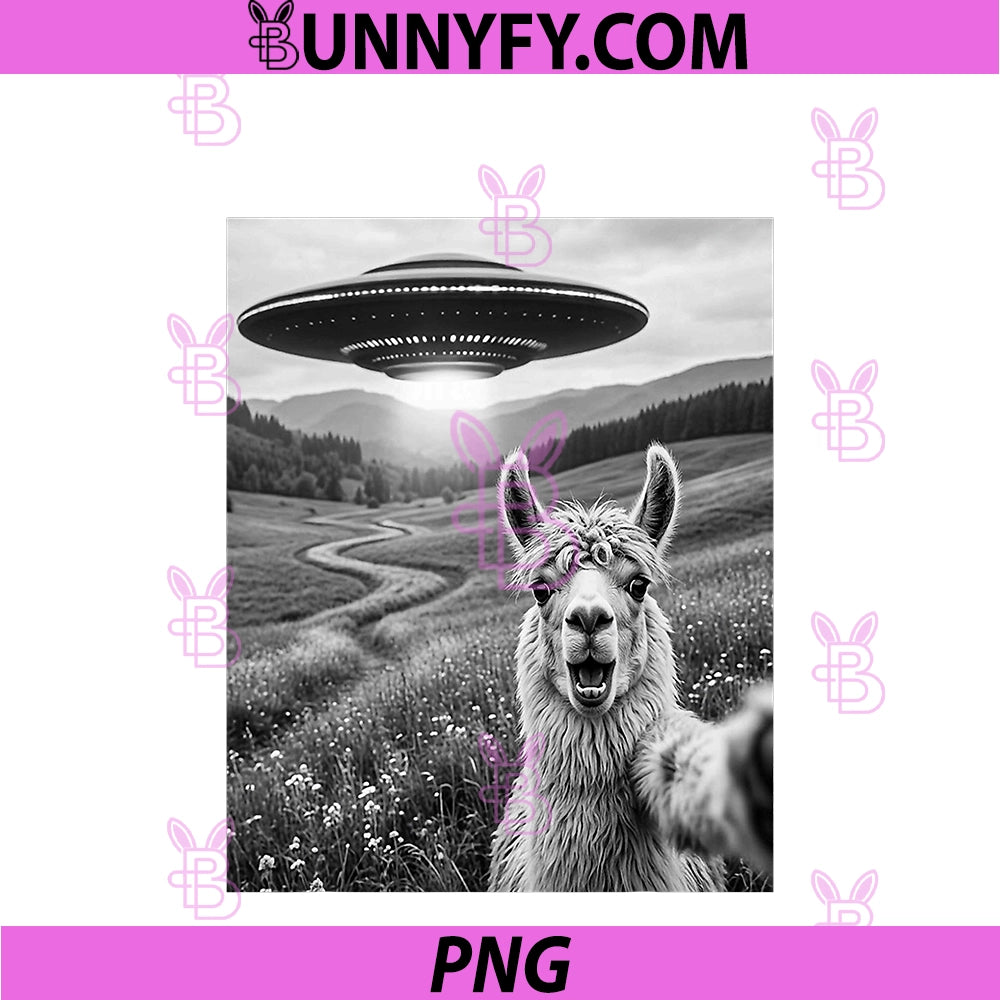 Alpaca Selfie with Alien UFO PNG, Funny Llama Alpaca Lover PNG