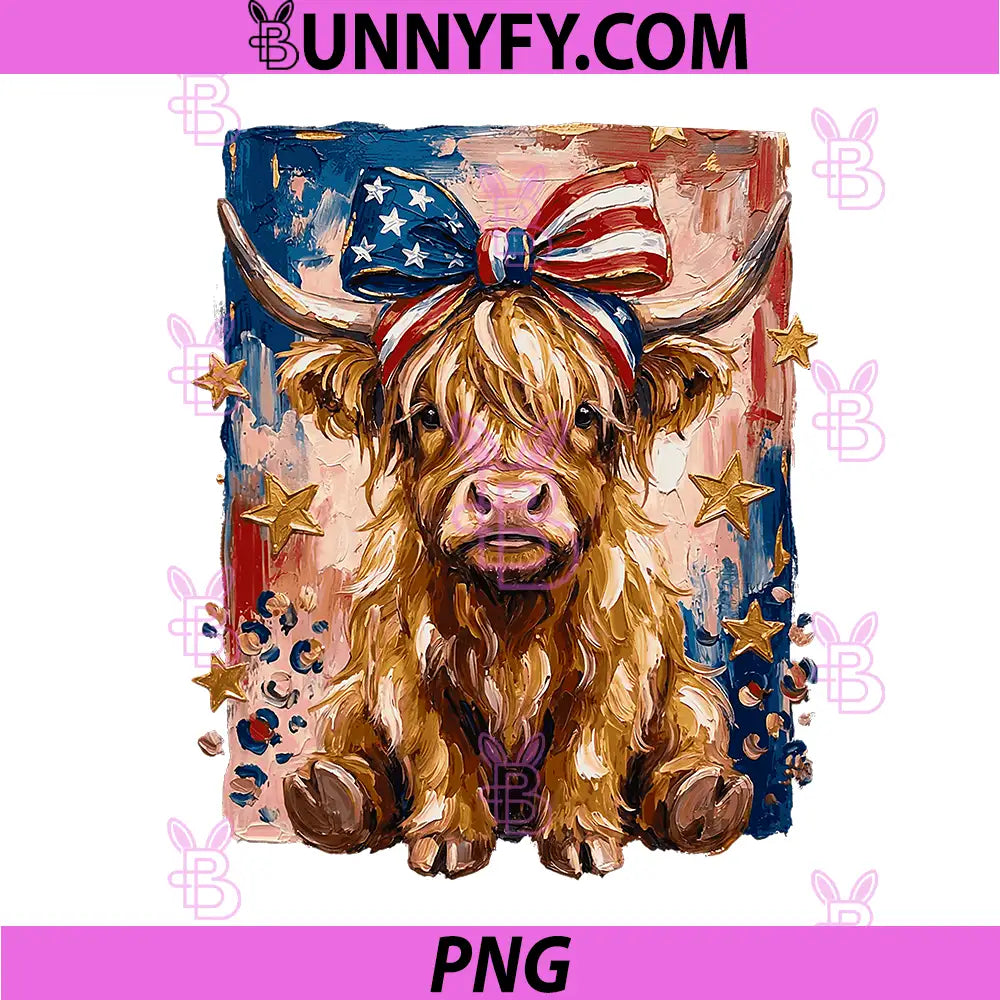 America Highland Cow 4th July PNG, Bow USA Cowgirl Patriotic PNG
