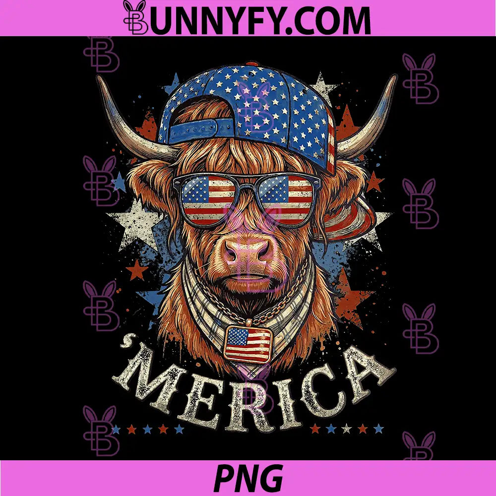 America Highland Cow 4th July PNG, Sunglasses USA Patriotic PNG