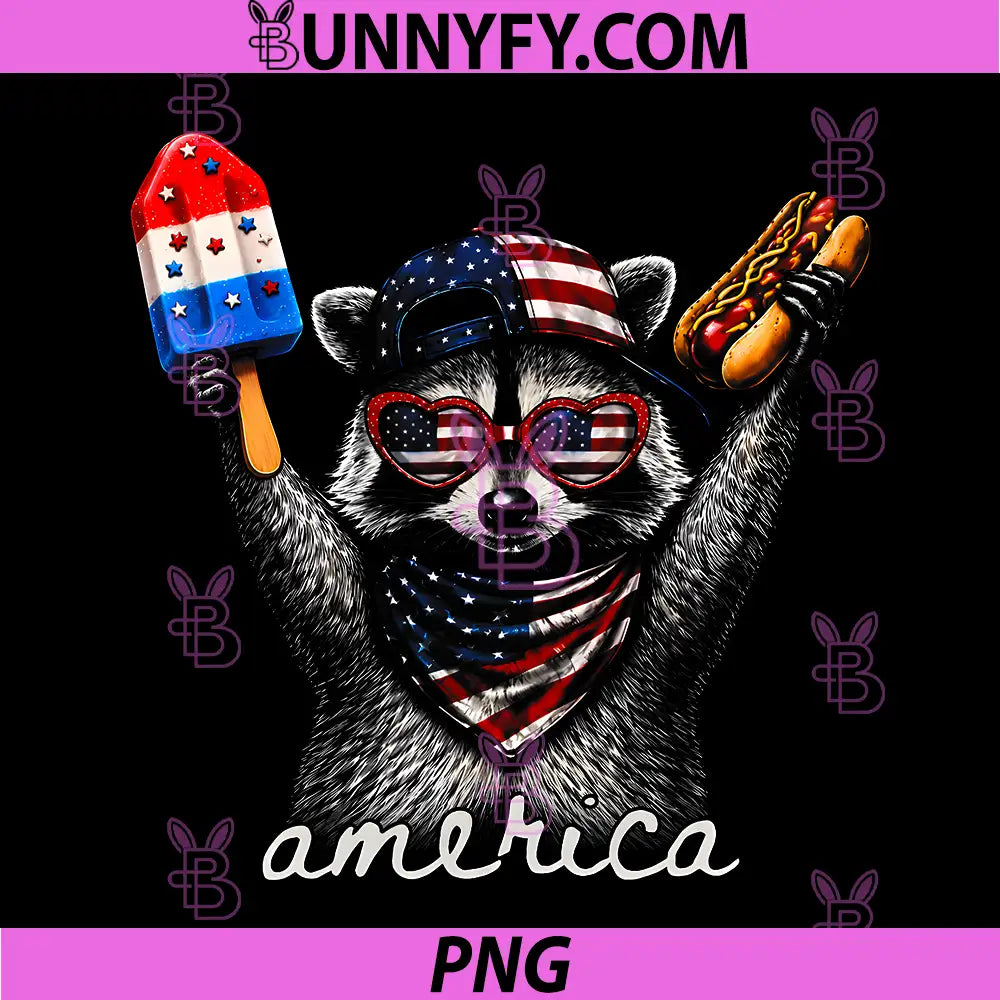 America Raccoon Ice Cream & Hot Dog PNG, 1776-2026 4th of July PNG