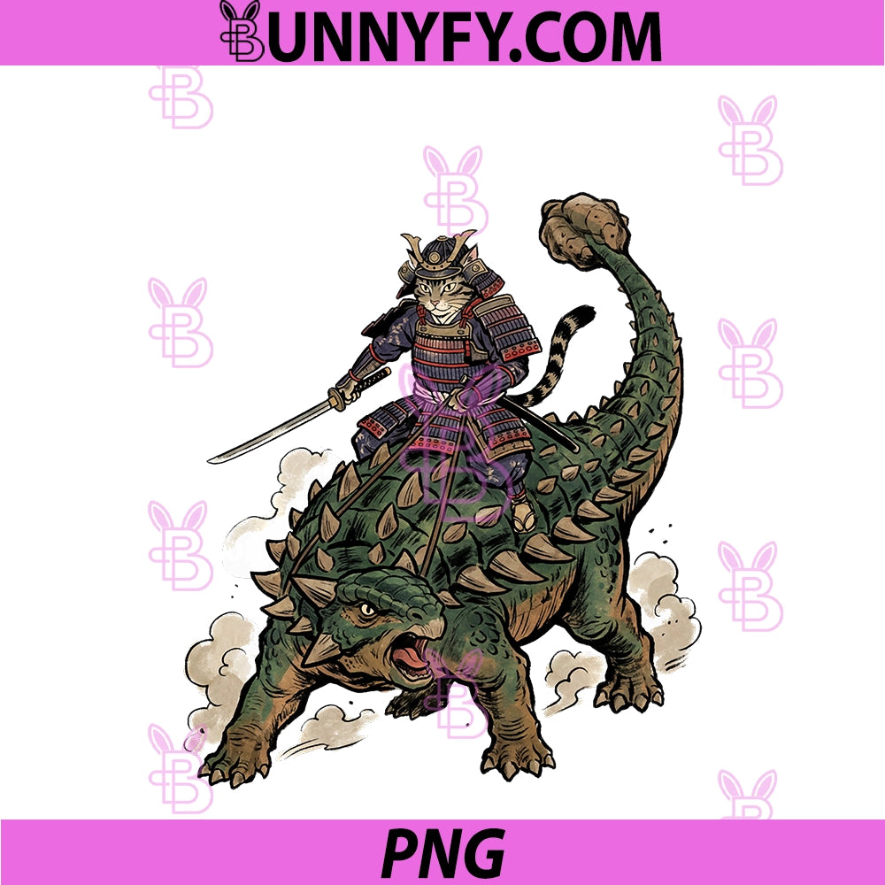 Anime Cat PNG, Funny Samurai Cat Riding Dinosaur Ankylosaurus PNG