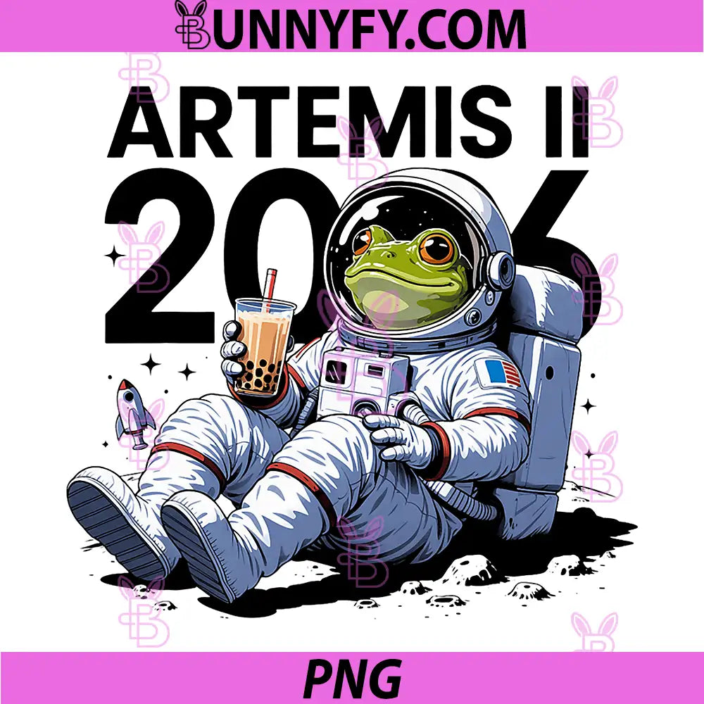 Artemis II Funny Frog with Bubble Tea PNG, Back to The Moon 2026 PNG