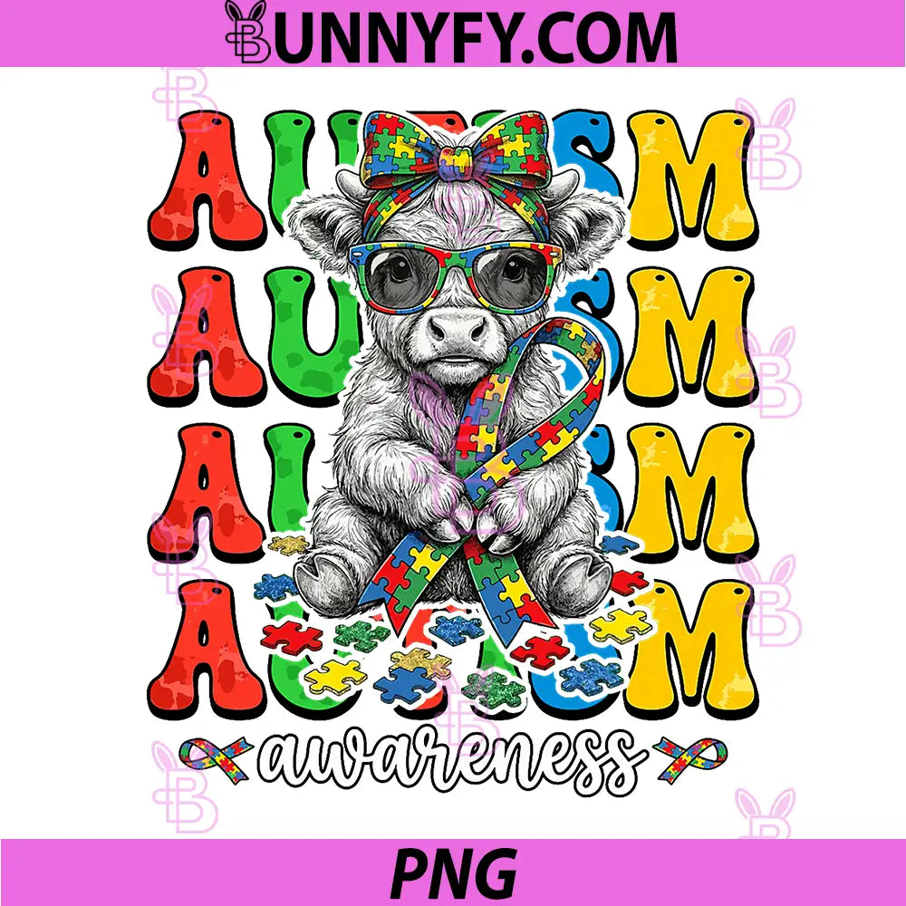 Autism Cute Highland Cow PNG, Puzzle Ribbon Bow Support PNG