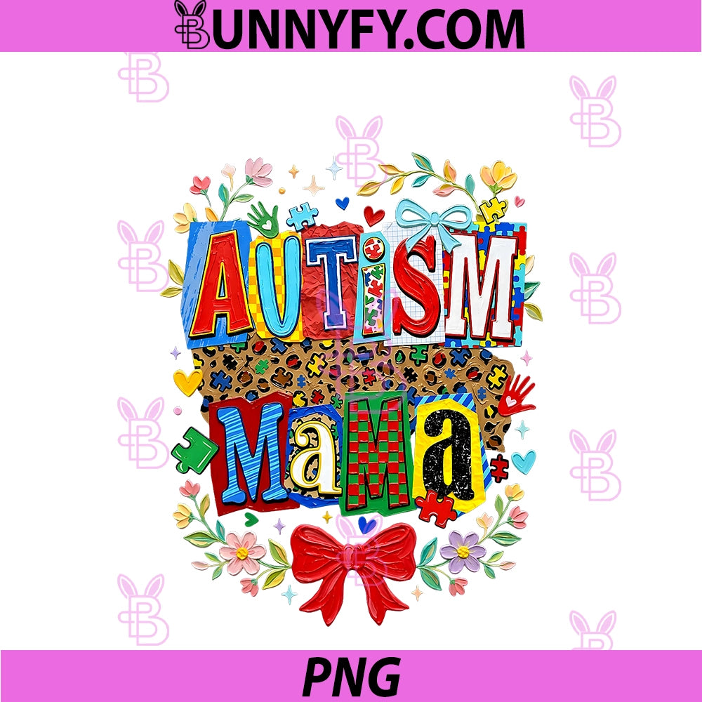 Autism Mom Mama Awareness PNG, Leopard Puzzle Piece Coquette Bow PNG