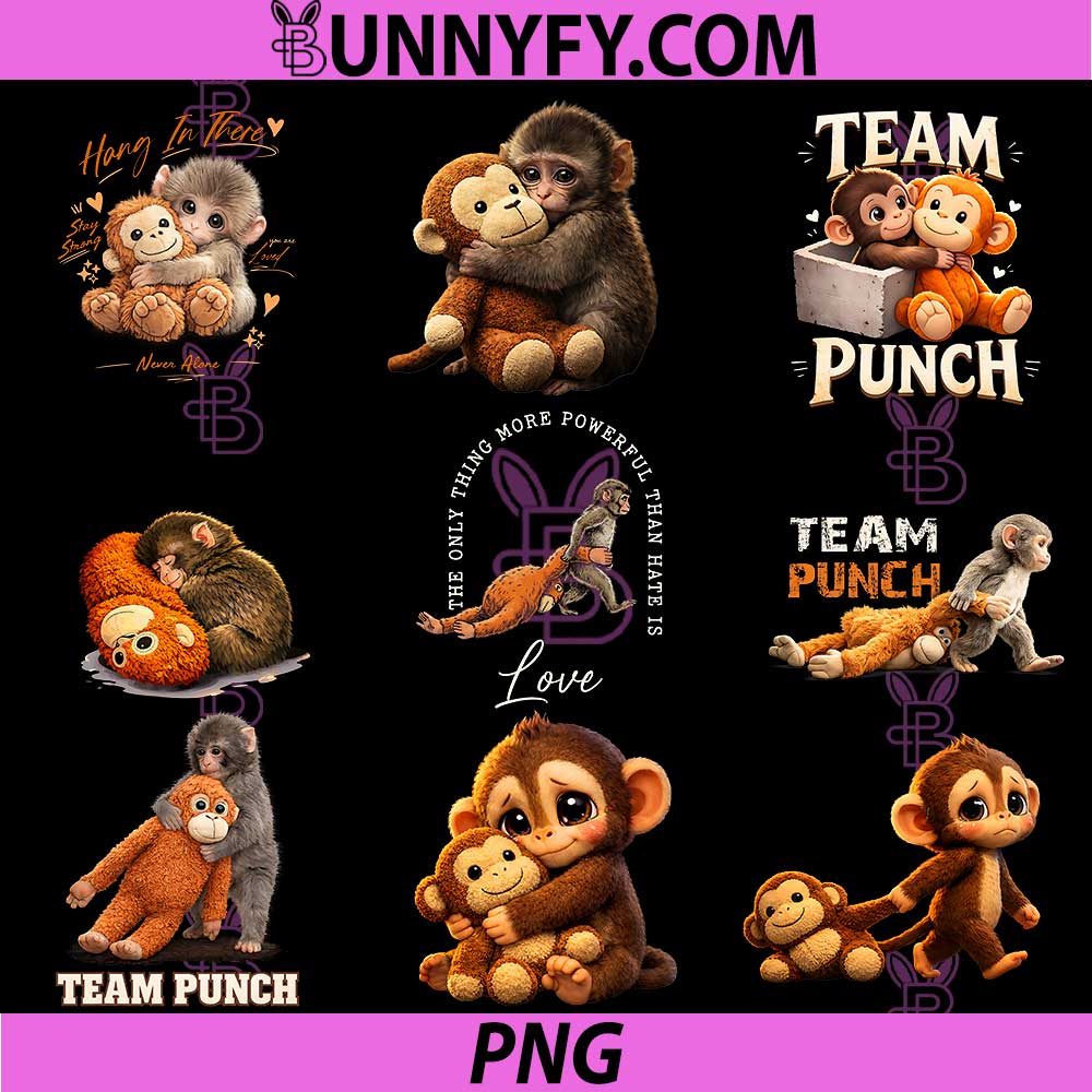 Baby Monkey Punch Plush PNG Bundle, Cute Monkey Punch Plush Hugging PNG