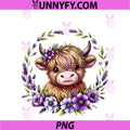 Baby Highland Cow PNG, With Purple Flowers Scottish Farm PNG