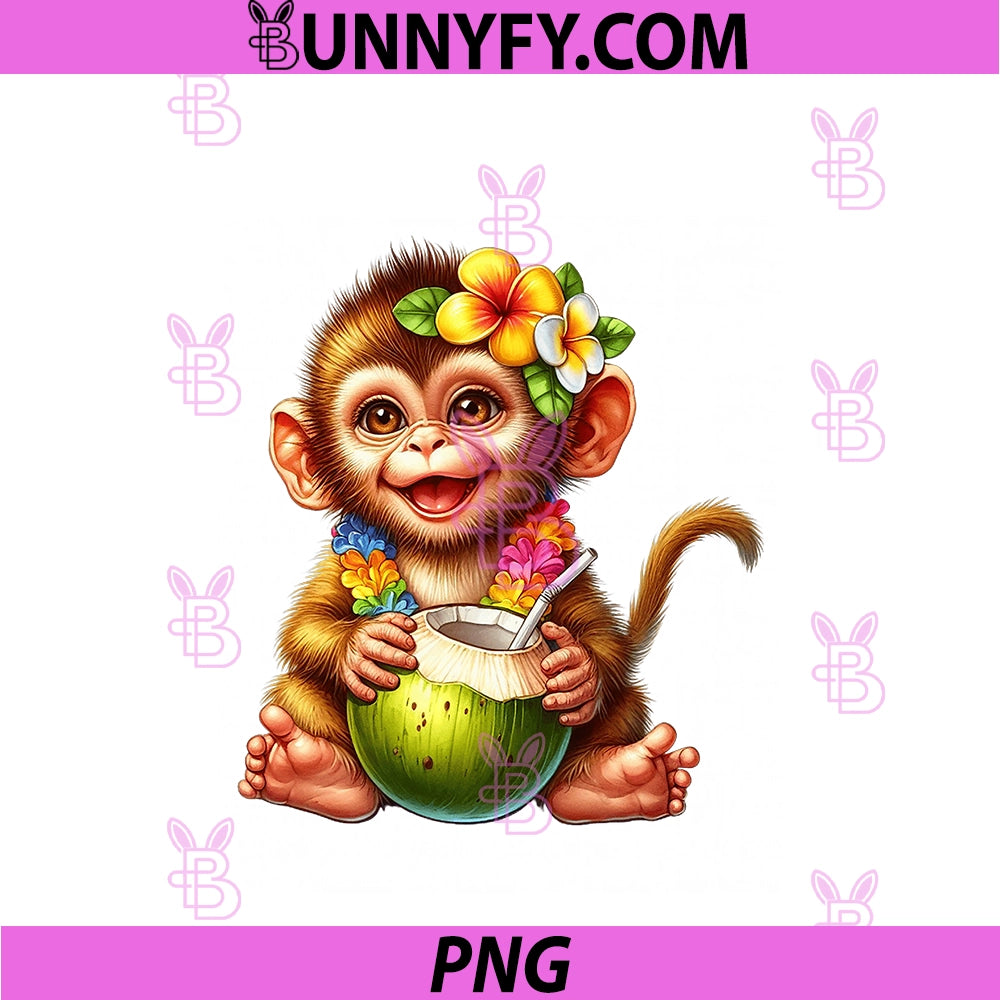 Baby Monkey Tropical Drink PNG, Hawaiian Flowers PNG