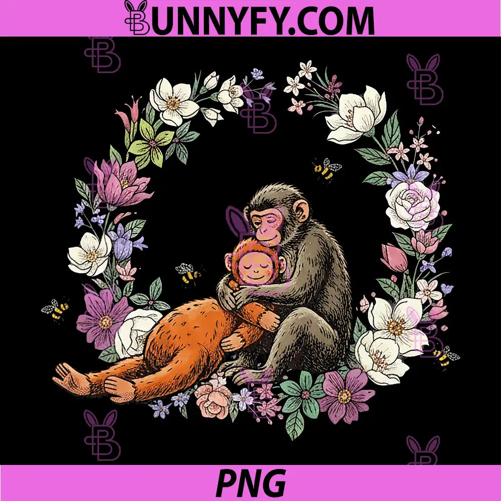 Cute Monkey And Baby Hug Flowers PNG, Adorable Jungle Animal Family Art PNG