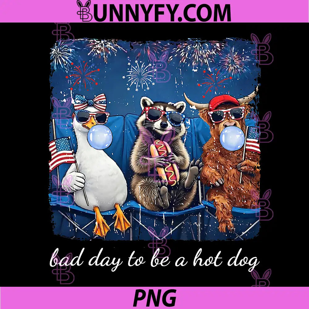 Bad Day to Be a Hotdog 4th of July PNG, Goose Raccoon Cow Squad PNG