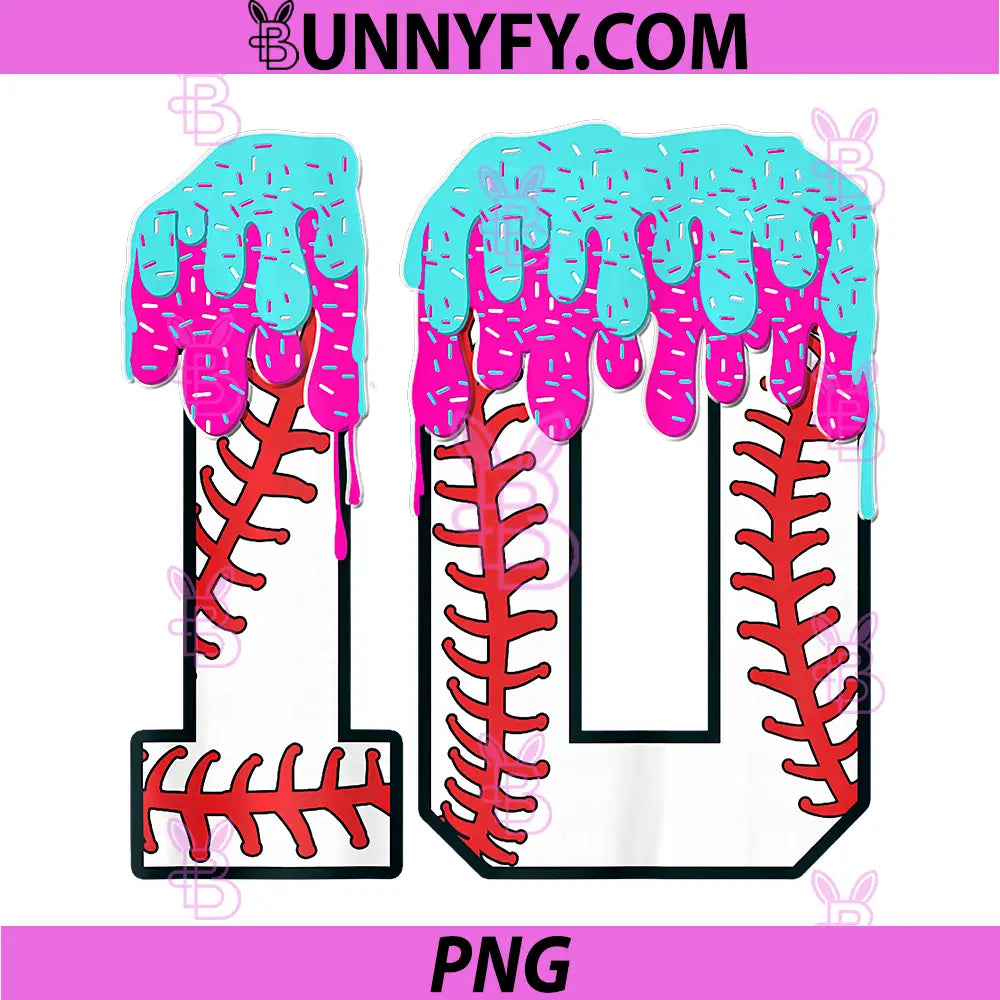 Baseball 10 Year Old PNG, Ice Cream Drip 10th Birthday Boy 10 PNG
