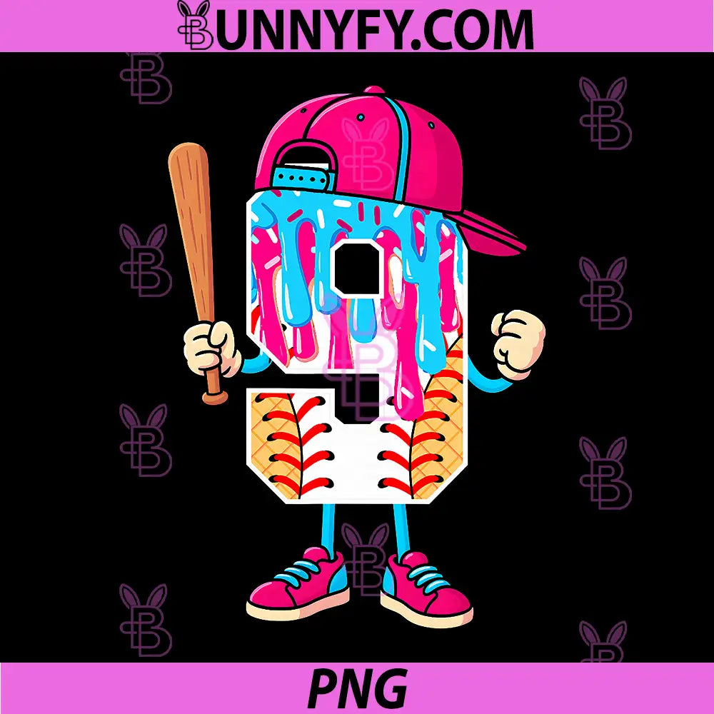 Baseball 9 Year Old PNG, Ice Cream Drip 9th Birthday Boy Number 9 PNG