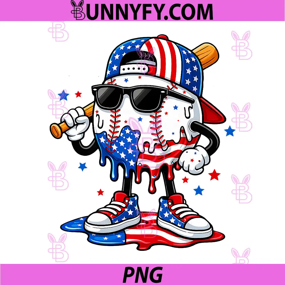 Baseball Drip Ice Cream 4th of July PNG, American USA Flag PNG