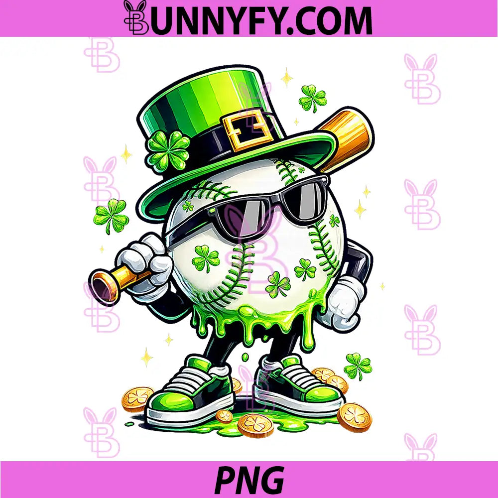 Lucky St Patrick Baseball Cartoon PNG, Shamrock Baseball Player Funny Design PNG