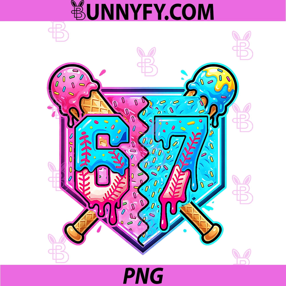 Baseball Drip Number 67 Player Ice Cream Drip PNG, 67th Birthday PNG