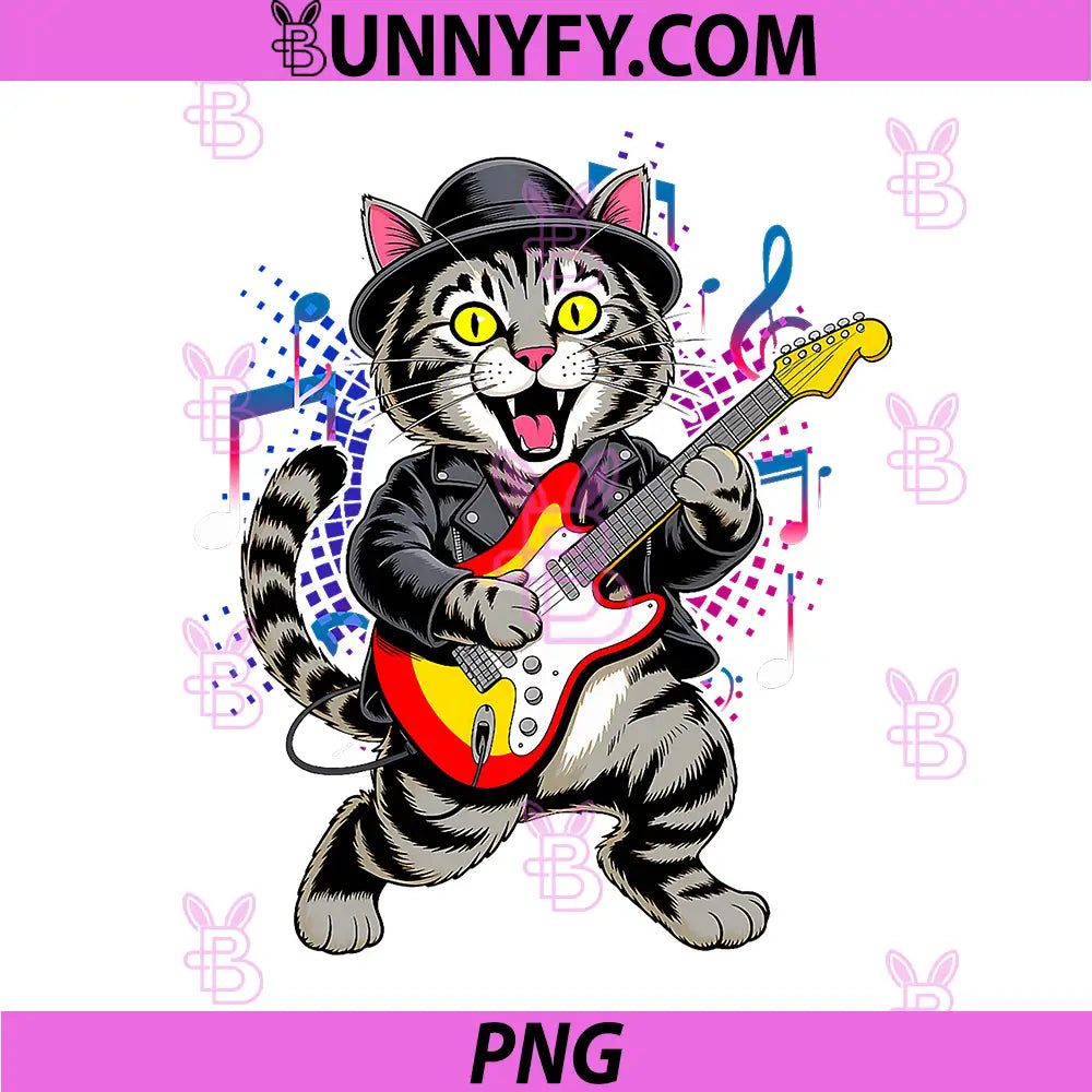 Bass Guitar Cat Retro PNG, Bassist Cat Vintage Music PNG