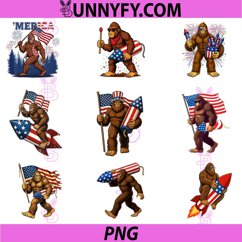 Bigfoot America Flag PNG Bundle, 4th of July Funny PNG