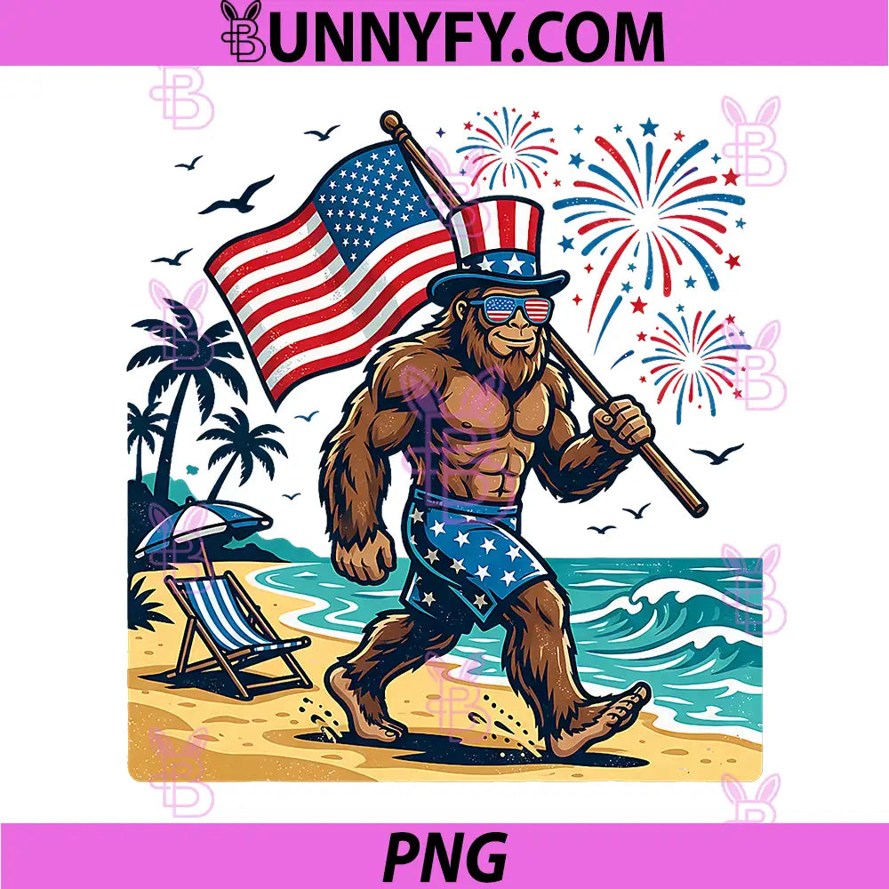 Bigfoot American Flag PNG, 4th of July Patriotic Beach Fireworks PNG