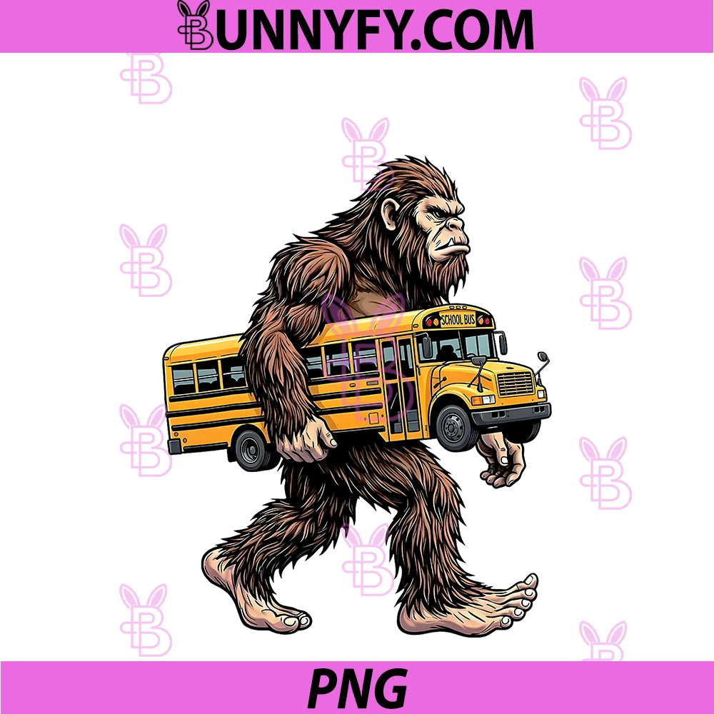 Bigfoot Carrying School Bus PNG, Funny Sasquatch Back To School PNG