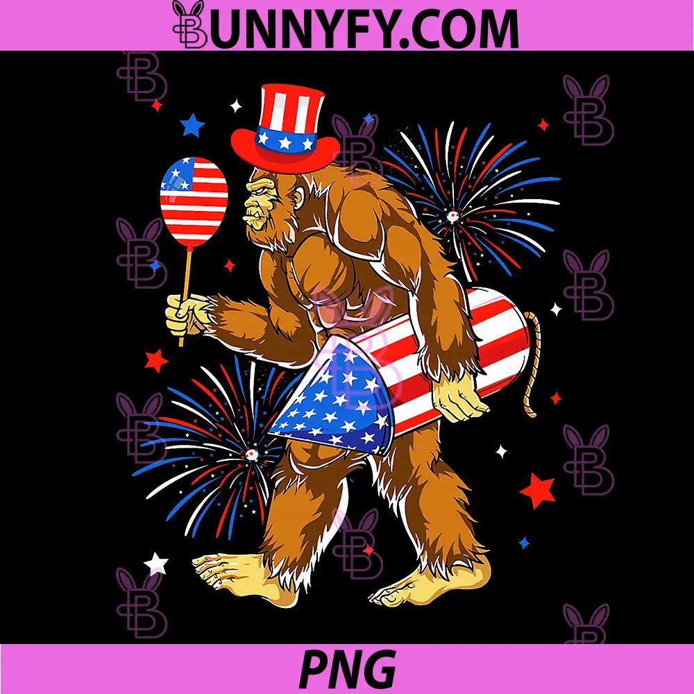 Bigfoot Firework American Flag PNG, Bigfoot 4th of July Sasquatch PNG