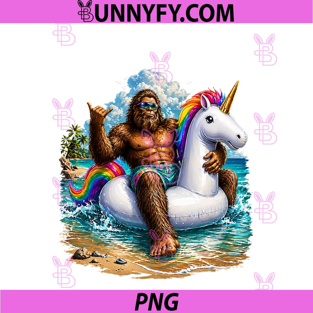 Bigfoot Goes On Vacation PNG, Sasquatch Unicorn Float Pool Party PNG