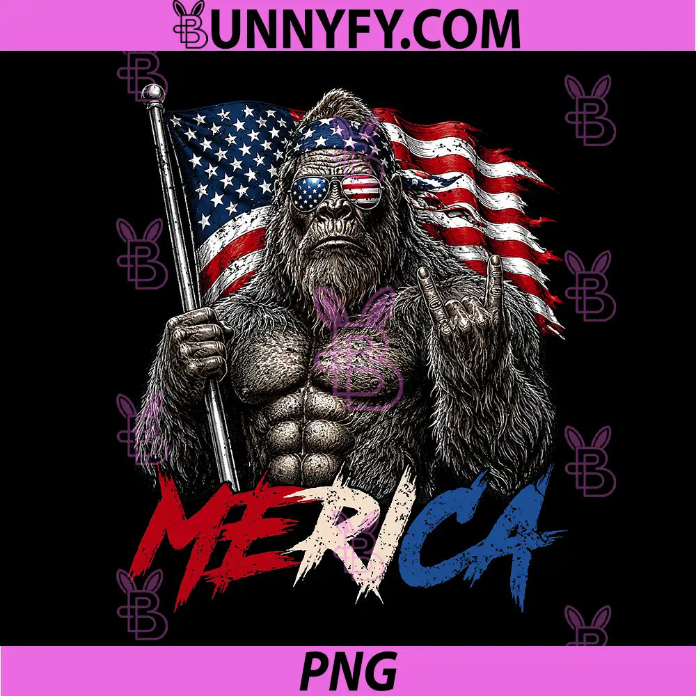 Bigfoot Merica Rock Hand PNG, American Flag Patriotic 4th of July PNG