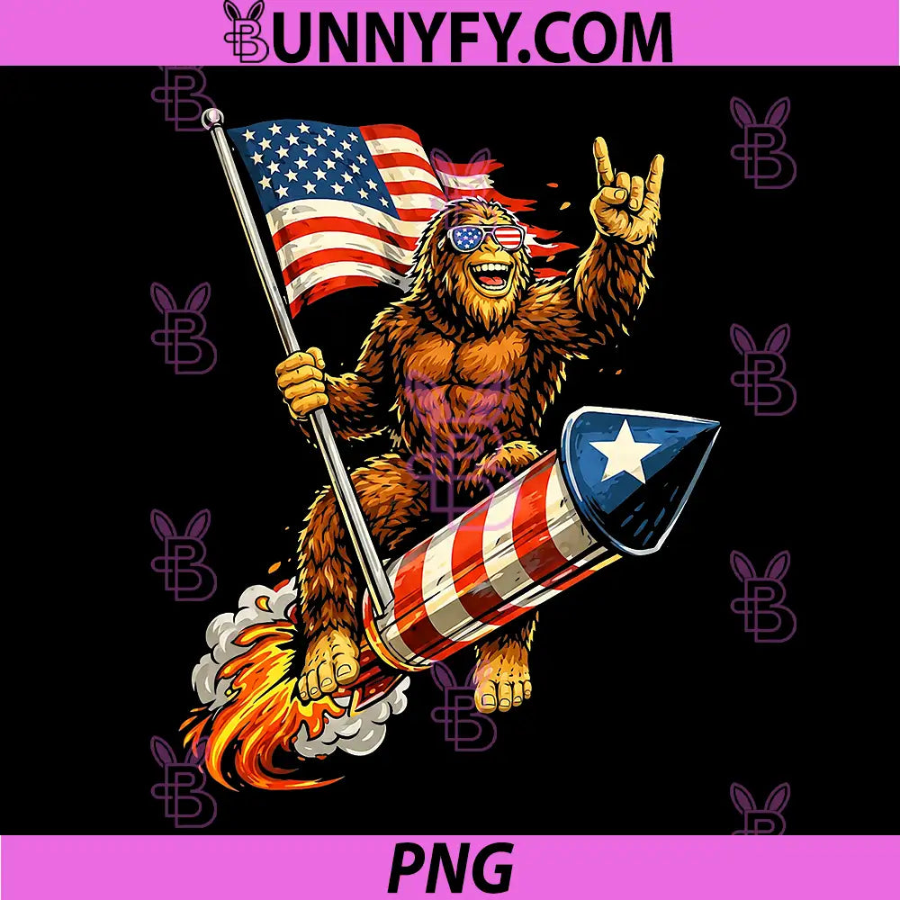 Bigfoot Riding Rocket PNG, American Flag 4th of July Sasquatch PNG