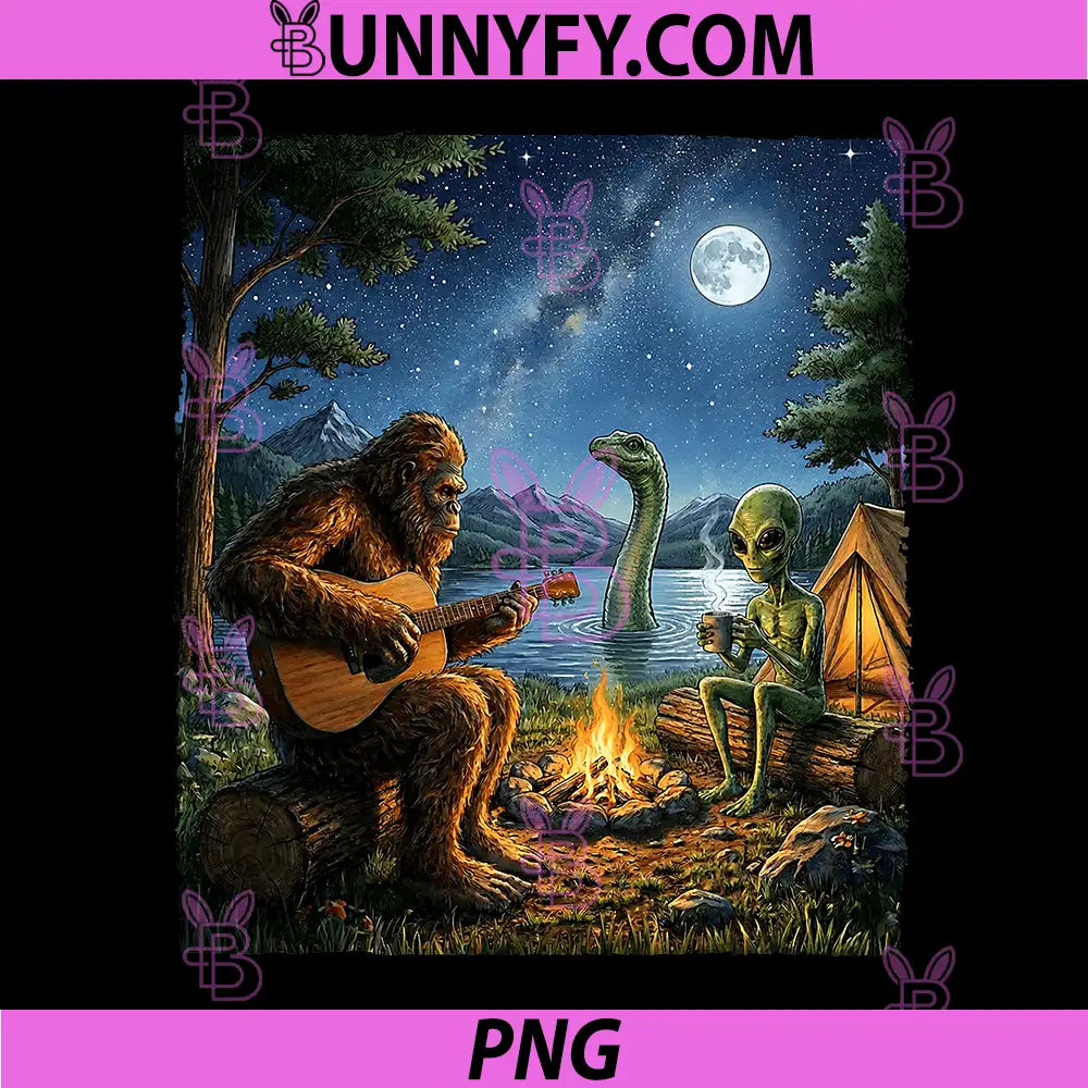 Bigfoot and Alien PNG, Loch Ness Campfire Sasquatch PNG, Funny Camping PNG