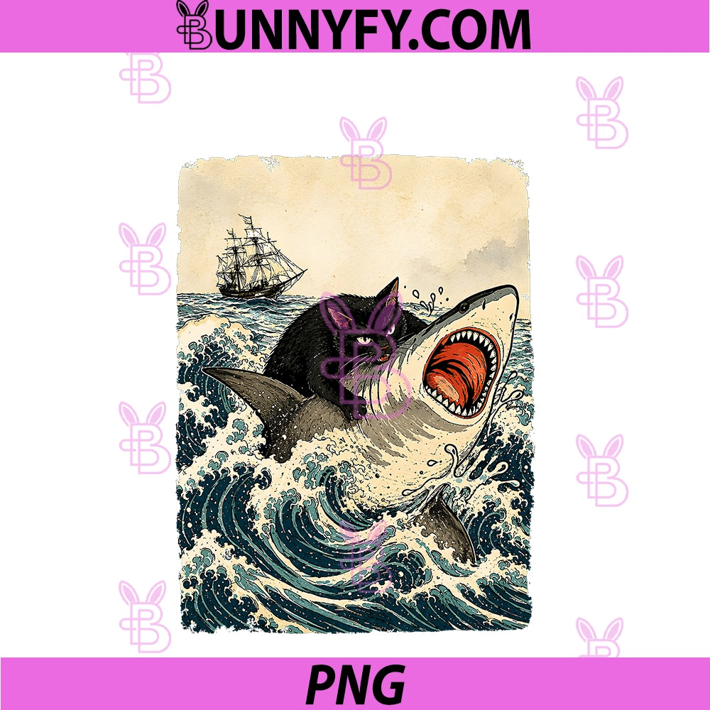 Black Cat Biting Shark Anime PNG, Graphic Tees Men Cool Japanese PNG